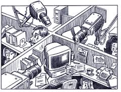 A hand drawn black and white illustration depicting a dystopian office setting with cubicles and surveillance cameras. 