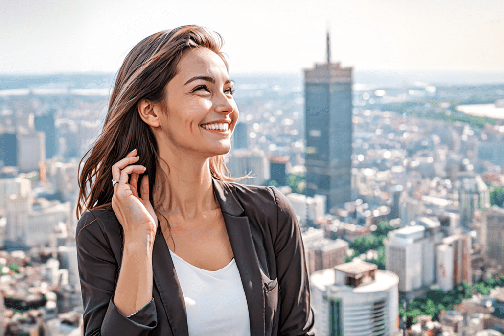 A woman in business attire smiles while looking optimistically in the distance.