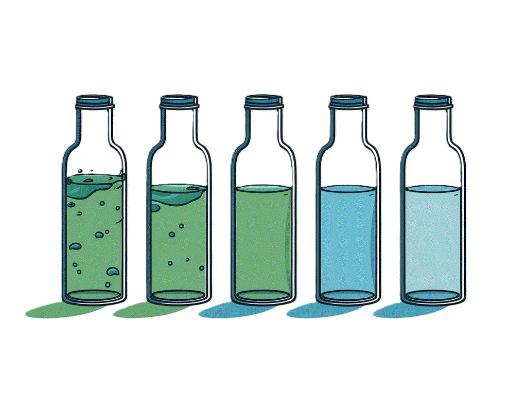 Detoxifying DEI blog: A simple illustration of a series of bottles, with contents ranging from murky green liquid on the left to clear blue water on the right, displaying the concept of detoxification of DEI and diversity programs. 