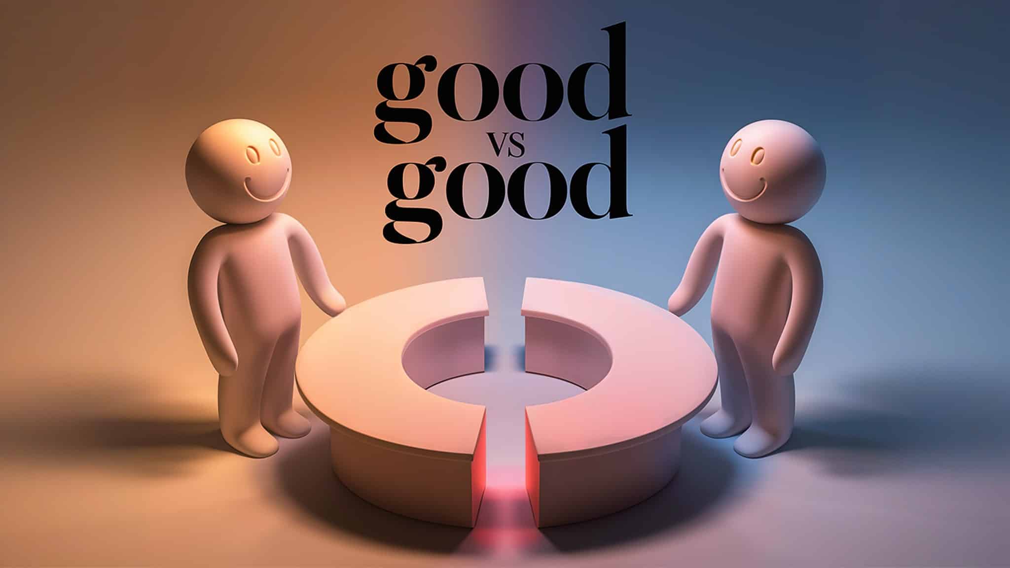 A visual depiction of opposing views. Two simple 3d renderings of human figures are meeting at a table to discuss their disagreement. They are smiling, indicating a positive attitude toward opposing views. 